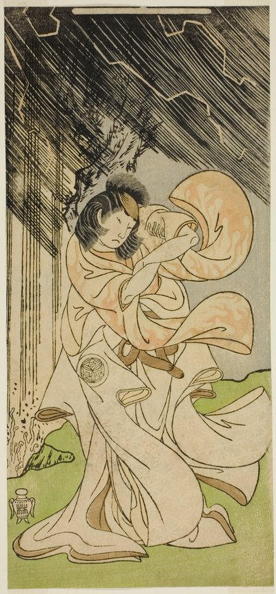 Yamashita Kinsaku II. mennydörgés istennőként az Onna Narukami című darabban, amelyet a Morita Színházban mutattak be az első hónapban, 1770 alkotó: Katsukawa Shunsho