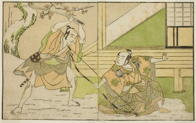 A színészek Arashi Sangoro II Hojo Tokiyoriként (jobbra) és Otani Hiroji III Koga Saburoként (balra) a Kono Hana Yotsugi no Hachi no Ki című darabban, amelyet az Ichimura Színházban mutattak be a tizenegyedik hónapban, 1771 alkotó: Katsukawa Shunsho