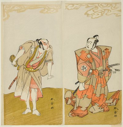 A színészek Bando Mitsugoro I Hata no Kawakatsuként (jobbra), Otani Hiroemon III pedig a Manszolga (Yakko) Gansuke (balra) a Miya-bashira Iwao no Butai (Szentélyoszlopok kőalapon) című darabban, a Moritában. Színház a t. tizenötödik napjától alkotó: Katsukawa Shunsho