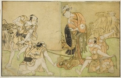 A színészek Bando Zenji I mint Nagahashi Saburo, Iwai Hanshiro IV mint Otatsu-gitsune, Nakamura Konozo mint Hagai Ujitsune és egy azonosítatlan színész (jobbról balra), a Nue no Mori Ichiyo no Mato című darabban, a Nakamura Színházban adták elő Tizenegyedi alkotó: Katsukawa Shunsho