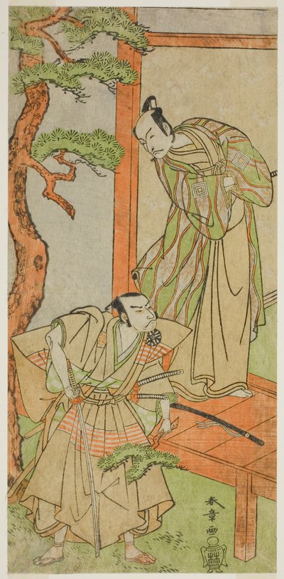 A színészek, Ichikawa Danjuro V Momonoi Wakasanosuke (jobbra), Nakamura Nakazo I pedig Kakogawa Honzo (balra) a Kanadehon Chushingura című darabban, amelyet a Nakamura Színházban mutattak be az ötödik hónapban, 1771 alkotó: Katsukawa Shunsho