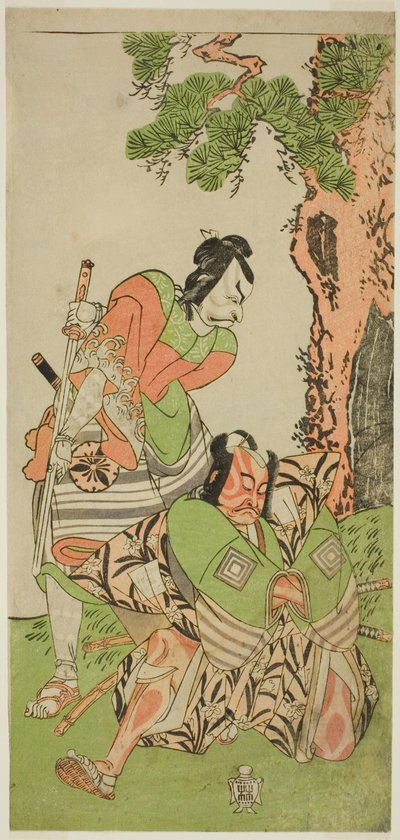 A színészek Ichikawa Danzo III, mint I no Hayata Tadazumi (jobbra), és Matsumoto Koshiro II, mint Osada no Taro Kagemune, Yatsurugi Zaemonnak álcázva (balra), a Nue no Mori Ichiyo no Mato című darabban, amelyet a Nakamura Színházban mutattak be a tizenegye alkotó: Katsukawa Shunsho