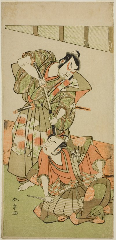 A színészek Ichikawa Yaozo II, mint Konoshita Hyokichi (?) (jobbra), és Sakata Hangoro II mint Matsunaga Daizen Hisahide (?) (balra), a Gion Sairei Shinko Ki (?) című darabban, az Ichimura Színházban (?) Ötödik hónap, 1775 (?) alkotó: Katsukawa Shunsho