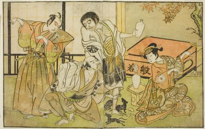 A színészek Iwai Hanshiro IV mint Otatsu-gitsune, Nakamura Nakazo I mint Raigo Ajari, Sakata Tojuro III mint Kamada Gon-no-kami Masayori, és Ichikawa Yaozo II mint Sakon-gitsune (jobbról balra), a „Nue no Mori” című darabban Ichiyo no Mato" előadták a Naka alkotó: Katsukawa Shunsho