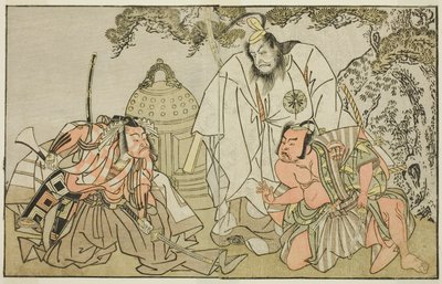 A színészek Nakajima Mihoemon II mint Aramaki Mimishiro (jobbra), Matsumoto Koshiro II mint Otomo no Yamanushi (középen), és Ichikawa Danzo III mint Hannya no Goro (balra), a Kuni no Hana Ono no Itsumoji című darabban, a Nakamura Színházban. a tizenegyedik alkotó: Katsukawa Shunsho