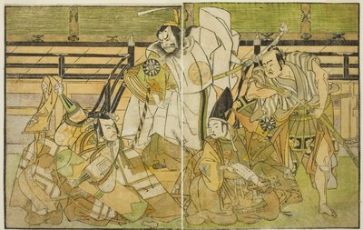 A színészek Nakamura Denkuro II Seno-o Taroként, Ichikawa Komazo II mint Yorimasa, Nakamura Nakazo I mint Taira no Kiyomori, és Ichikawa Danjuro V mint Kiou Takiguchi (jobbról balra), a Nue no Mori Ichiyo no Mato című darabban, Előadás: a Nakamura Színház  alkotó: Katsukawa Shunsho