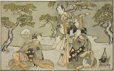 A színészek Nakamura Nakazo I mint Matsukaze (jobbra), Ichikawa Komazo II mint Ariwara no Yukihira (középen), és Iwai Hanshiro IV mint Murasame (balra), a Kuni no Hana Ono no Itsumoji című darabban, a Nakamura Színházban a tizenegyedikben. Hónap, 1771 alkotó: Katsukawa Shunsho