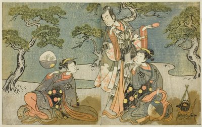 A színészek Nakamura Nakazo I mint Matsukaze (jobbra), Ichikawa Komazo II mint Ariwara no Yukihira (középen), és Iwai Hanshiro IV mint Murasame (balra), a Kuni no Hana Ono no Itsumoji című darabban, a Nakamura Színházban a tizenegyedikben. Hónap, 1771 alkotó: Katsukawa Shunsho