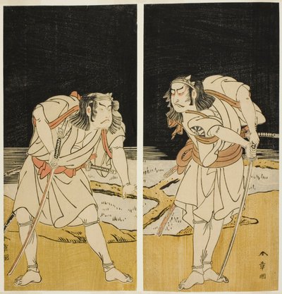 A színészek Nakamura Nakazo I, mint Omi no Kotoda (jobbra), és Otani Hiroji III, mint Bamba no Chuda (balra), a Joruri "Sono Chidori Yowa no Kamisuki" (A lileek: Fésülés éjfélkor) című filmben, a második részből Játssz O-atsurae-zome Soga no Hinagata (A So alkotó: Katsukawa Shunsho