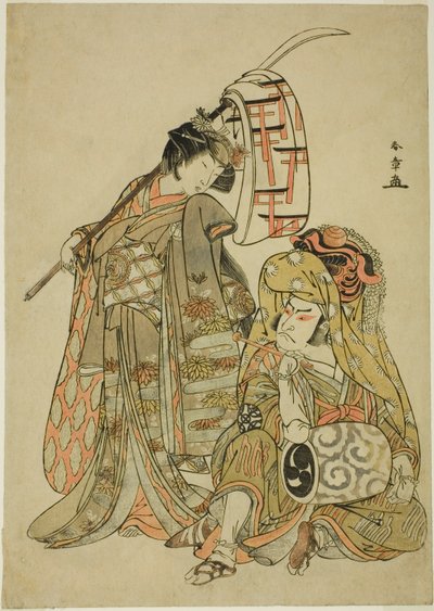 A színészek Nakamura Nakazo I, mint Onmaya Kisanda Kakubei, az oroszlántáncosnak (Kakubei-jishi) öltözve (jobbra) és Segawa Kikunojo III mint Shizuka Gozen (balra), a "Myoto-zake Kawaranu Nakanaka" (A házasság örök harmóniája) című táncsorozatban ) Kupa),  alkotó: Katsukawa Shunsho