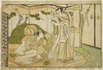 A színészek Nakamura Nakazo I, mint Taira no Kiyomori (jobbra), és Yamashita Kinsaku II mint Tokiwa Gozen (balra), a Nue no Mori Ichiyo no Mato című darabban, a Nakamura Színházban a tizenegyedik hónapban, 1770 alkotó: Katsukawa Shunsho