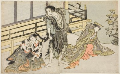 A színészek Nakamura Noshio I mint Nyosan no Miya (jobbra), Ichikawa Danjuro V mint a Renegade Monk Yochin (középen), és Yamashita Kinsaku II mint a szobalány Mutsuhana (balra), a Fuki Kaete Tsukimo Yoshiwara című darabban, amelyet a Morita Színházban muta alkotó: Katsukawa Shunsho