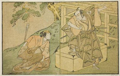 A színészek Onoe Matsusuke I, mint Akaboshi Taro (jobbra), és Azuma Tozo II mint Shirotae (balra), a Kono Hana Yotsugi no Hachi no Ki című darabban, amelyet az Ichimura Színházban mutattak be a tizenegyedik hónapban, 1771 alkotó: Katsukawa Shunsho