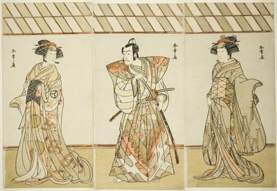 A színészek Onoe Tamizo I, mint Nishikigi (?) vagy Otae (?) (jobbra), Ichikawa Danjuro V mint Miura Heidayu Kunitae (?) (középen), és Osagawa Tsuneyo II mint Oyuki (?) (balra), a játék dátumában Nishiki Tsui no Yumitori (?), a Morita Színházban (?) a K-i alkotó: Katsukawa Shunsho