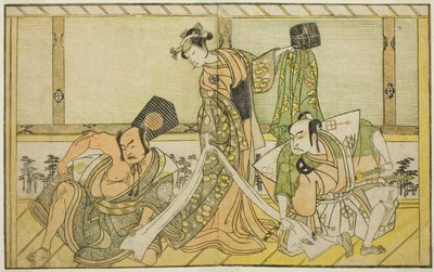 A színészek Otani Hiroji III, mint Kawazu no Saburo (jobbra), Segawa Kikunojo II mint Tatsu hercegnő (Tatsu Hime) (középen), és Nakamura Sukegoro II mint Matano no Goro (balra), a Myoto-giku Izu no Kisewata című darabban, előadva az Ichimura Színházban az  alkotó: Katsukawa Shunsho