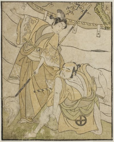 A színészek Otani Tomoemon I, mint Emohei (jobbra), és Sanogawa Ichimatsu II mint Sanada Yoichi (balra), a Myoto-giku Izu no Kisewata című darabban, amelyet az Ichimura Színházban mutattak be a tizenegyedik hónapban, 1770 alkotó: Katsukawa Shunsho