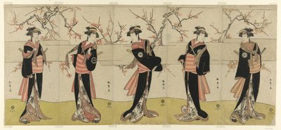 A színészek: Segawa Kikunojo III mint Karigane Obun, Nakayama Tomisaburo I mint An no Oyasu, Iwai Kiyotaro II mint Kaminari no Osha, Nakayama Tatezo I mint Gokuin no Osen és Ichikawa Monnosuke II mint Hotei no Oichi (jobbról balra) a Goninban Onna", az egy alkotó: Katsukawa Shunsho
