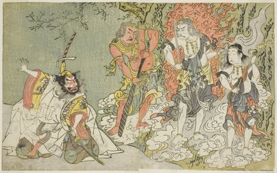 A Fuki Kaete Tsuki mo Yoshiwara (Rethatched Roof: The Moon also Shines Over the Yoshiwara Pleasure District) című darab, a Morita Színházban adták elő a tizenegyedik hónapban, 1771-72 körül (fametszet). alkotó: Katsukawa Shunsho