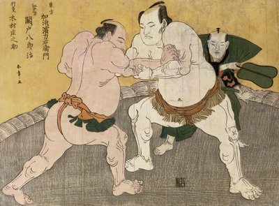 Birkózómérkőzés Kimenzan Tanigoro és Edogasaki Gemji között (színes fatömbnyomat) alkotó: Katsukawa Shunsho