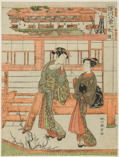 Yagurashita no Bansho (Yagurashitán esti harangszó), udvarhölgy és kísérője a Yagurashita engedély nélküli Pleaser kerületben Fukagawaban, a "Fukagawa Hakkei (Nyolcas kilátás Fukagawára)" sorozatból. alkotó: Katsukawa Shunsho