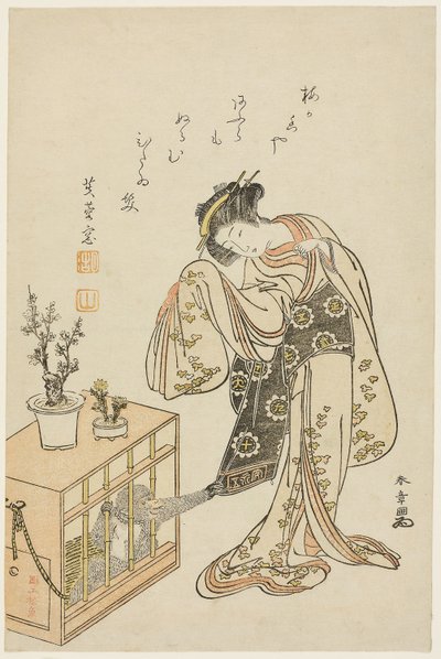 Young Woman with a Caged Monkey (Calendar Print for New Year 1776) alkotó: Katsukawa Shunsho