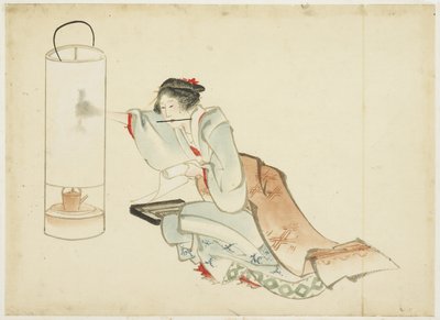 Lady Adjusting a Lamp, 1815-1849 körül (tinta és szín a papíron) alkotó: Katsushika (school of) Hokusai