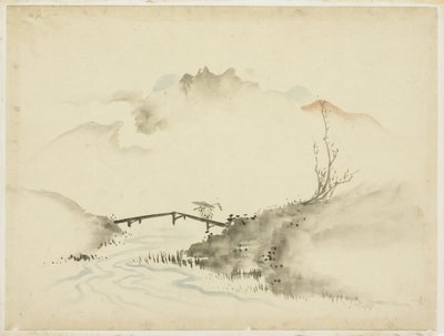 Táj a Farmer Crossing híddal, 1615-1868 (tinta és szín papíron) alkotó: Katsushika (school of) Hokusai