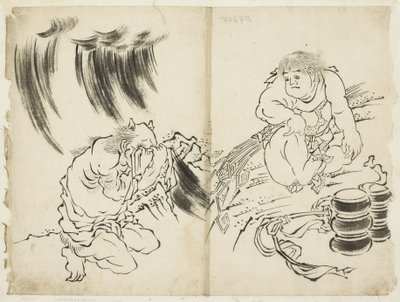 Vihar megszemélyesítése Kintaróval és Síró Oni, 1815-1849 körül (tinta papíron) alkotó: Katsushika (school of) Hokusai