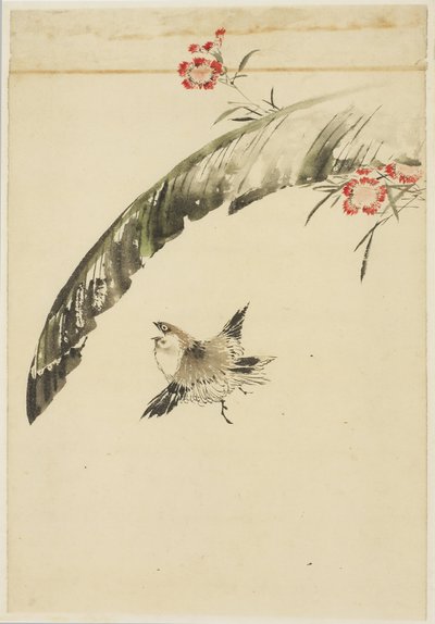 Veréb és banánlevél és rózsaszínek, 1615-1868 (tinta és szín papíron) alkotó: Katsushika (school of) Hokusai