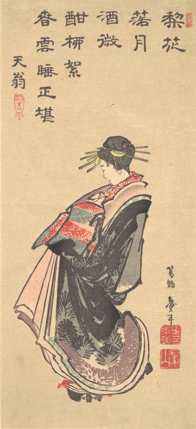 Egy udvarhölgy a felvonuláson, sok köntösbe öltözve, 18. század vége – 19. század eleje. alkotó: Katsushika Hokusai
