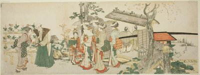Fiatal nők csoportja belép egy kertész kertjébe alkotó: Katsushika Hokusai