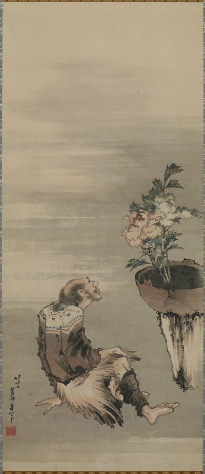 Egy ülő férfi cserepes pünkösdi rózsát néz, Edo-korszak (tinta és szín a papíron) alkotó: Katsushika Hokusai