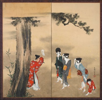 Egy sintó pap, három nő és egy gyermek, Edo-korszak, 1799 körül (tinta, arany és szín, papír) alkotó: Katsushika Hokusai