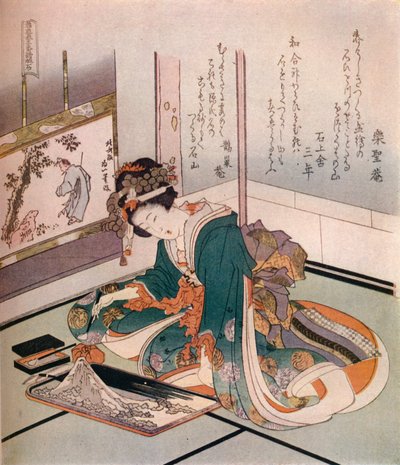 Egy nő a Fuji-hegy miniatűr modelljét készíti, c1823. alkotó: Katsushika Hokusai