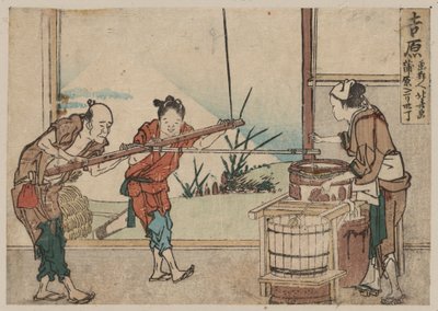 Egy idősebb férfi és két fiatal tanonc, akik kézzel működtetik a Yoshiwara keverőberendezést (színes fatömbnyomat) alkotó: Katsushika Hokusai
