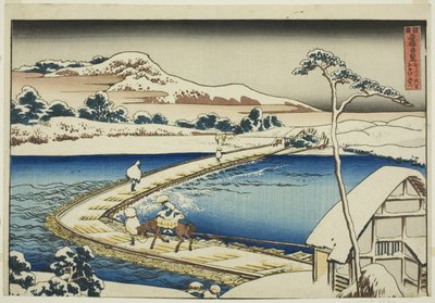A Kozuke tartománybeli Sano pontonhíd ősi kilátása (Kozuke Sano funabashi no kozu), a "Szokatlan kilátások híres hídjairól különböző tartományokban (Shokoku meikyo kiran)" sorozatból alkotó: Katsushika Hokusai