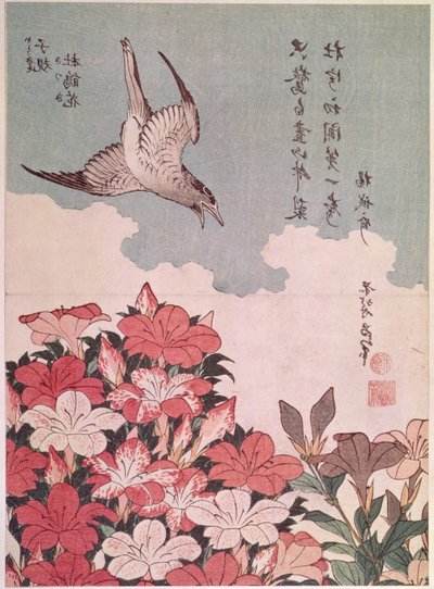 Azáleák és kakukk, kiadó: Eijudo, 1830 körül (színes fatömbnyomat) alkotó: Katsushika Hokusai