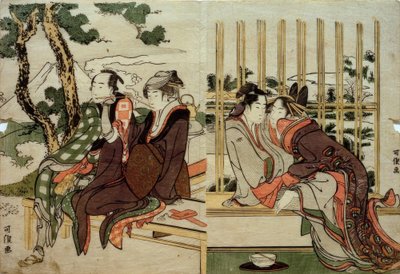 Azuma és Yogoro a régi hóban. Koman és Yosaku a naplementében alkotó: Katsushika Hokusai
