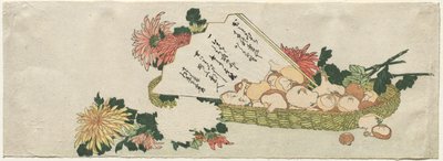 Kosár legyezővel, krizantémokkal és gombákkal alkotó: Katsushika Hokusai