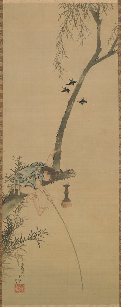 Egy fa száráról horgász fiú, Edo-korszak, 1839. alkotó: Katsushika Hokusai