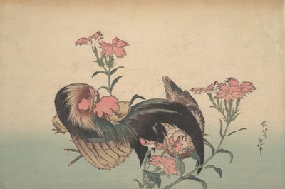 Kakas, Tyúk és Nadeshiko Dianthus Superbus. alkotó: Katsushika Hokusai