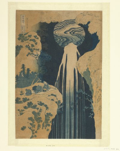 De Amida waterval langs de Kisokaido Kisoji no oku Amida-ga-taki (cím a tárgyon) Een rondreis langs de watervallen in de provincies (sorozat címe) Shokoku taki meguri (sorozat címe az objektumon) alkotó: Katsushika Hokusai