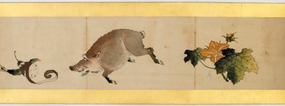 Részlet a kézi tekercsről különféle képekkel, Edo-korszak, 1839-es tinta és színes papíron alkotó: Katsushika Hokusai