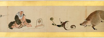Részlet a kézi tekercsről különféle képekkel, Edo-korszak, 1839-es tinta és színes papíron alkotó: Katsushika Hokusai