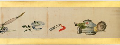 Részlet a kézi tekercsről különféle képekkel, Edo-korszak, 1839-es tinta és színes papíron alkotó: Katsushika Hokusai