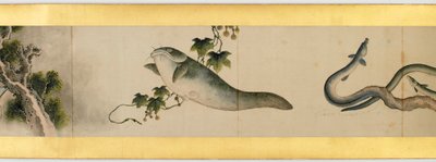 Részlet a kézi tekercsről különféle képekkel, Edo-korszak, 1839-es tinta és színes papíron alkotó: Katsushika Hokusai