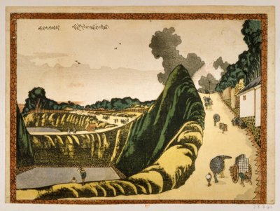 Falu az Ushigafuchiból Kudanba vezető úton alkotó: Katsushika Hokusai