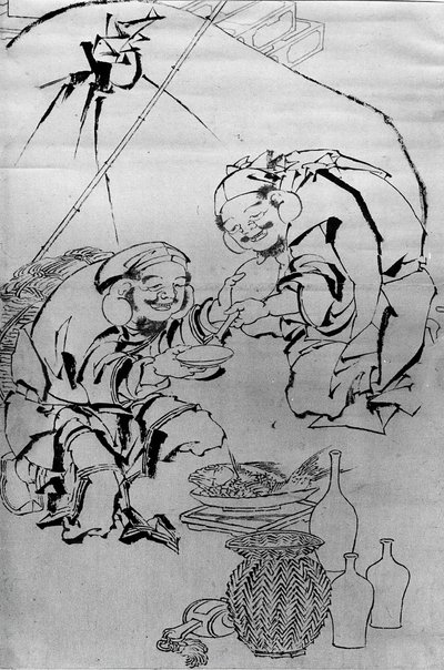 Ebisu és Daikoku Újévi Fesztivál ünneplése, 18-19. század. alkotó: Katsushika Hokusai