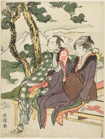 Evening Glow for Date no Yosaku és Seki no Koman, a "Tragikus szerelmesek nyolc nézete (Michiyuki hakkei)" cím nélküli sorozatból. alkotó: Katsushika Hokusai