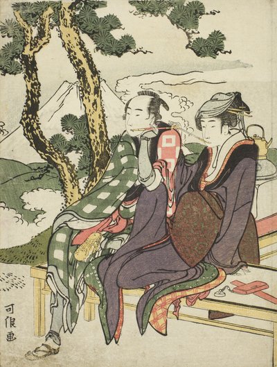 Evening Glow for Date no Yosaku és Seki no Koman, az Eight Views of Tragic Lovers néven ismert, cím nélküli sorozatból alkotó: Katsushika Hokusai